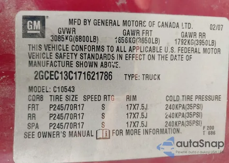 2007 Chevrolet Silverado 1500 Lt1 from USA, damaged, VIN 2GCEC13C171621786